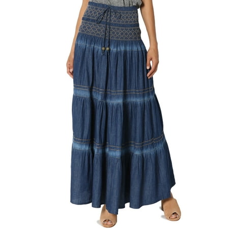TheMogan Women's Embroidered Tiered A-Line Elasticized High Waist Long Full Maxi Skirt