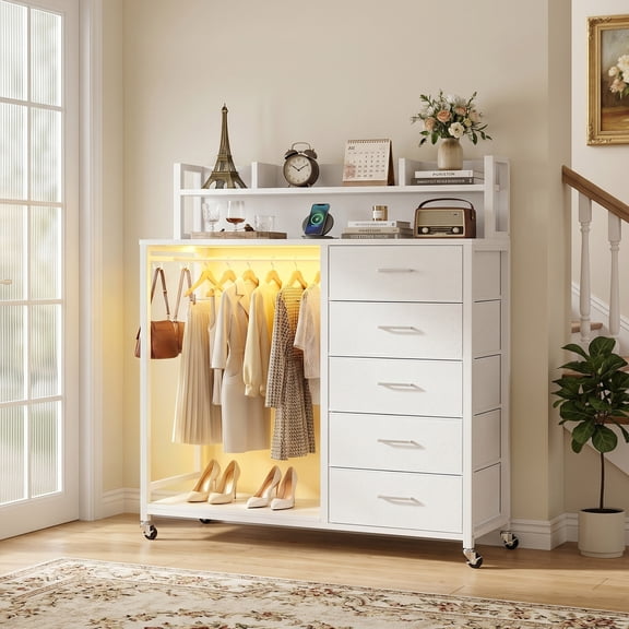 Homieasy Dresser for Bedroom with Clothes Rack & Shelves, 5 Drawers Dresser with Charging Station & LED Lights, Chest of Drawers with Lockable Wheels, Storage Shelves, Bedroom, Entryway,White