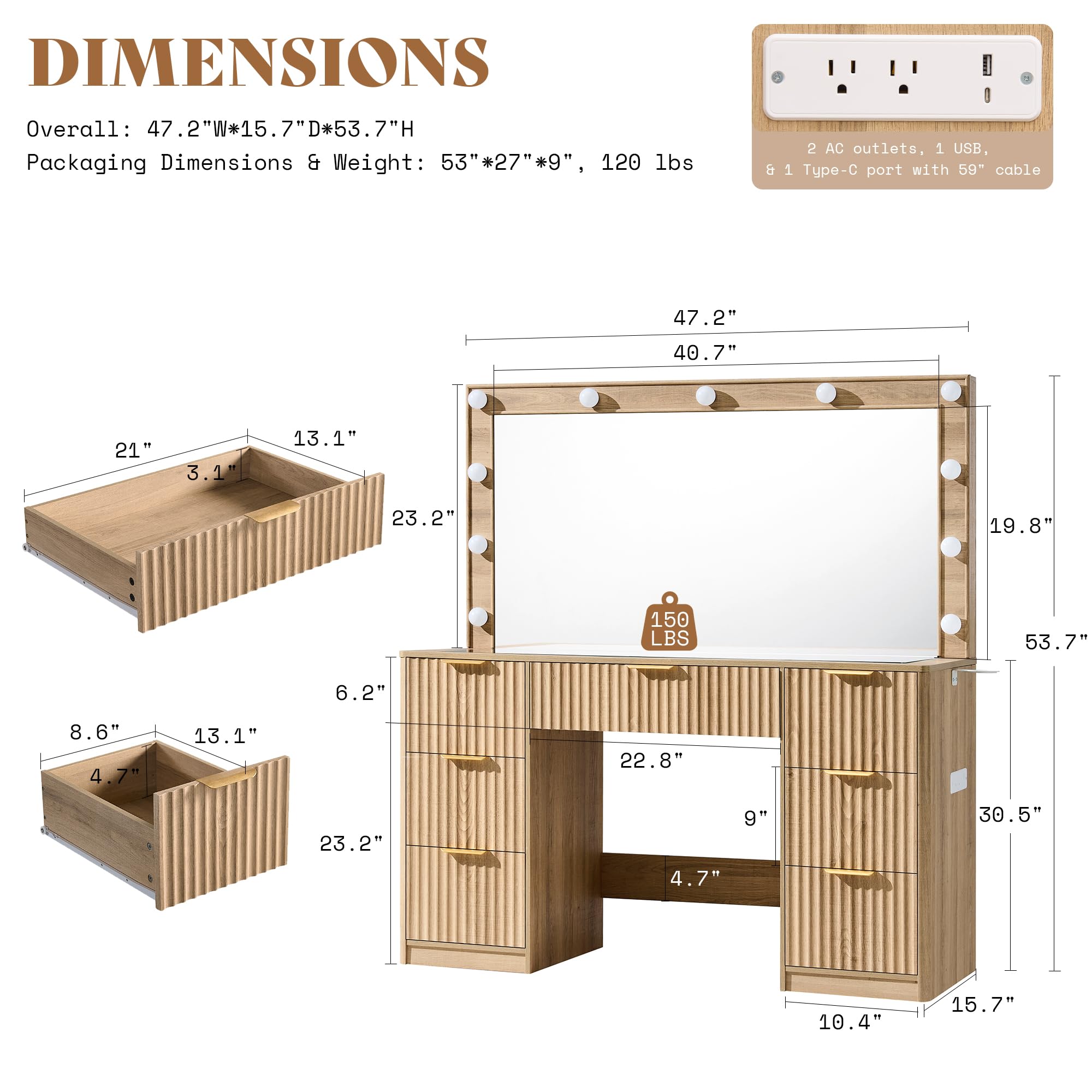 Merluxy 47.2" Girls Vanity Desk with Large Mirror and Adjustable LED Lights, 7 Drawers Makeup Table with Glass Top and Charging Station, Oak