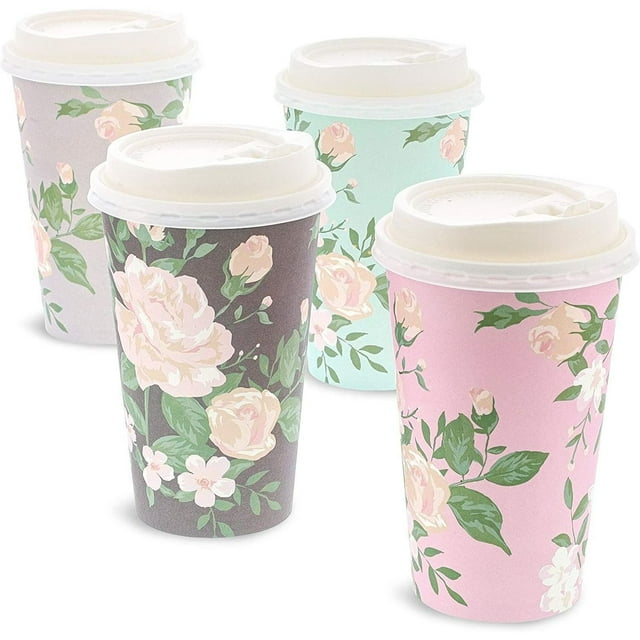 24 Pack Pastel Floral Insulated Disposable Coffee Cups with Lids, 16oz Paper Hot Cup to Go for Tea Party Supplies, Bridal Shower