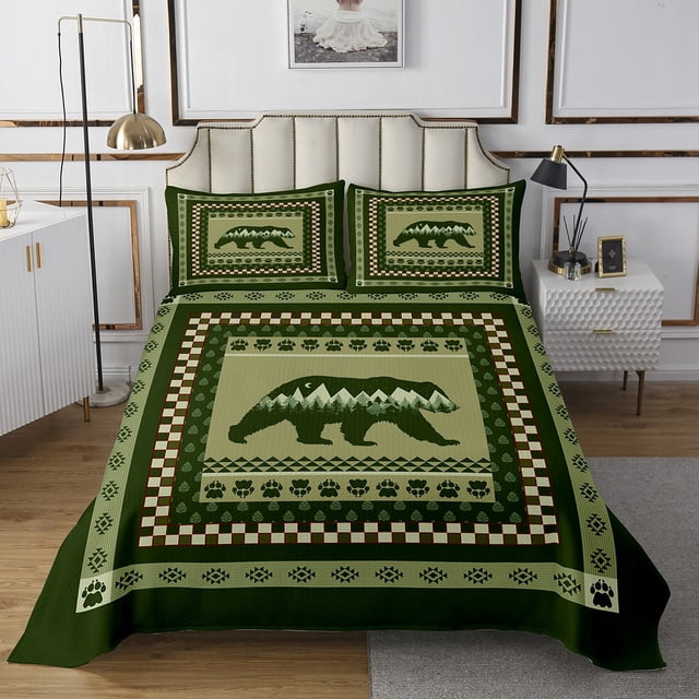 Red Green Bear Hunting Bedspread Sets King Size,Bohemian Rustic Farmhouse Jungle Bedding Set,Rural Wildlife Safari Animal Coverlet Set,Vintage Lattice Tartan Bed Set Bedroom Decor