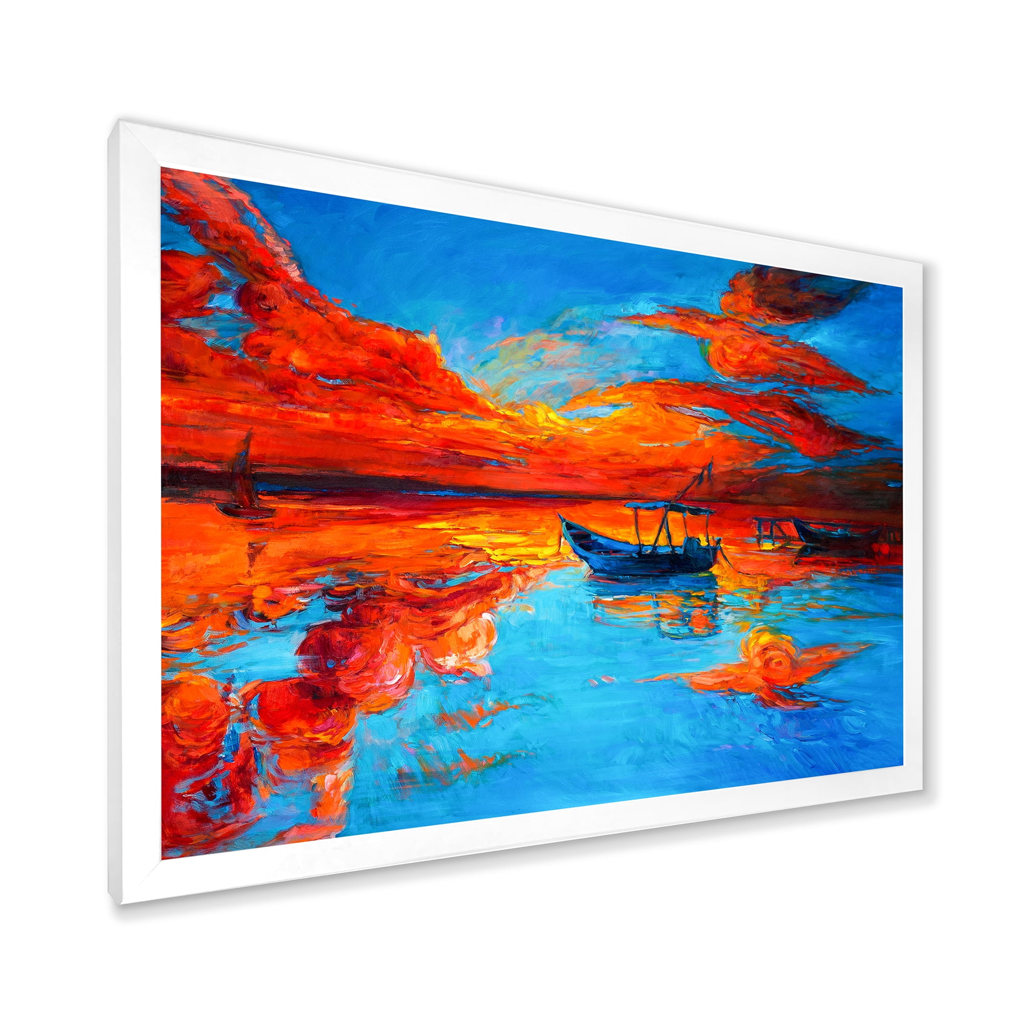 Boats During Warm Sunset Resting On The Water VI 32 in x 24 in Framed Painting Canvas Art Print, by Designart