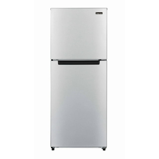 Magic Chef 10.1 Cu. Ft. top freezer refrigerator in platinum steel with ENERGY STAR certification.