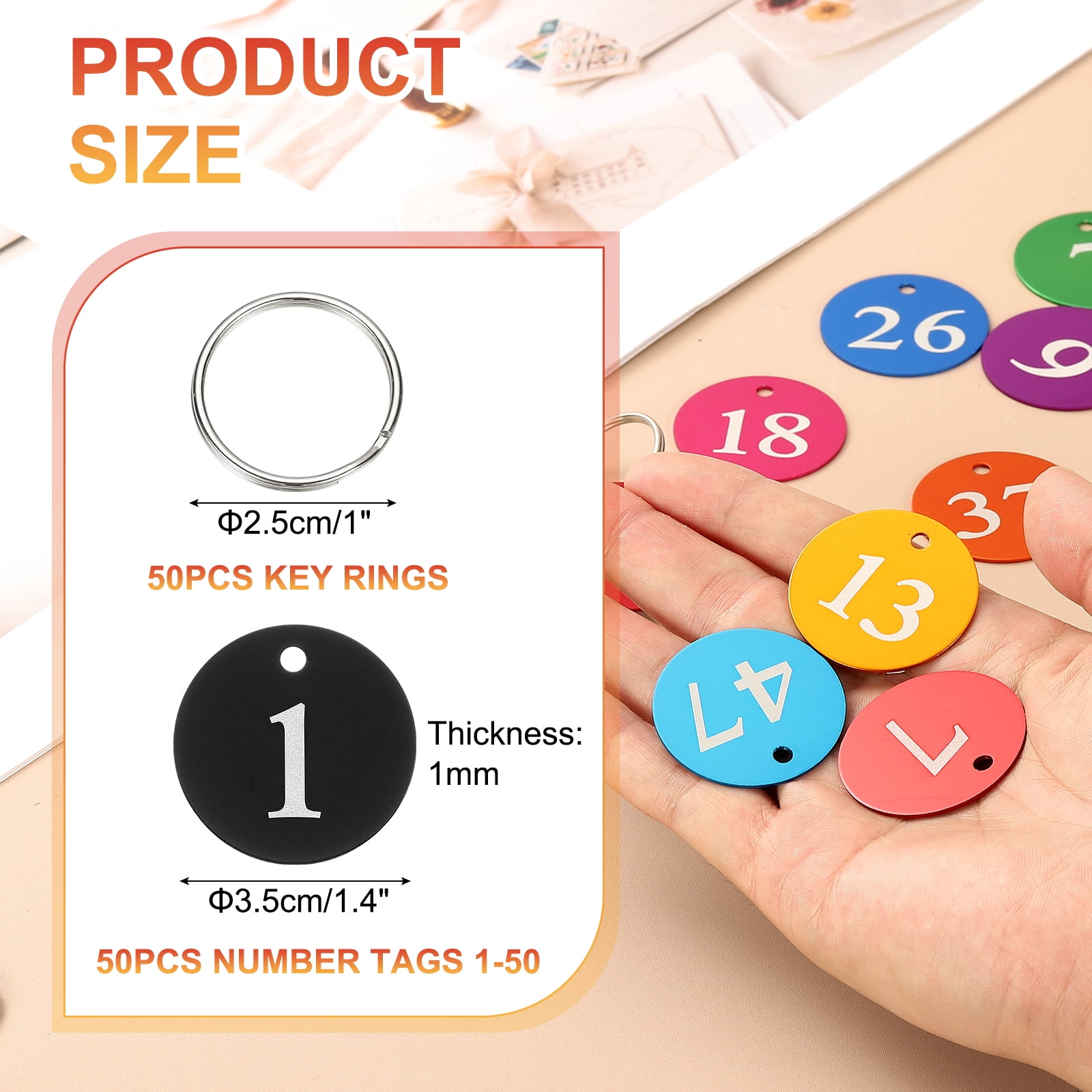 50PCS Number Tags 1-50, Number Key Tags Aluminum Numbered Tags Metal Key Tags Keychain with Key Rings for Organizer Field Sales Hangers Clothes Labels ID Tag, Black