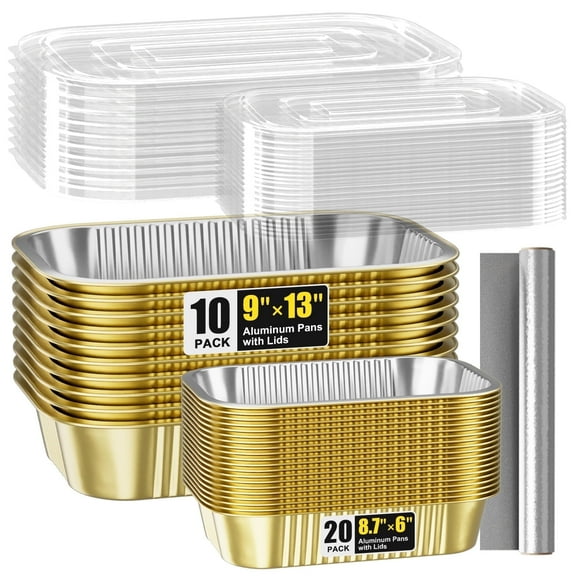 30Pack Aluminum Foil Pans with Lids Heavy Duty, 2 Size , Disposable Tin Foil Pans with Lids for Baking, Camping , Freezer, Heating and Takeout