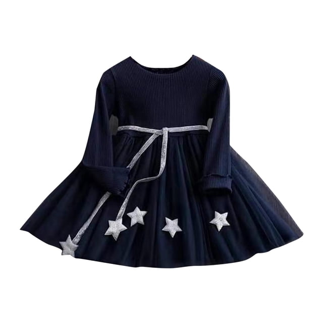 MeetoTime Robe Automne Hiver pour Filles Manches Longues Col Rond Étoile Robe Princesse 3-8 Ans Vêtements Bébé