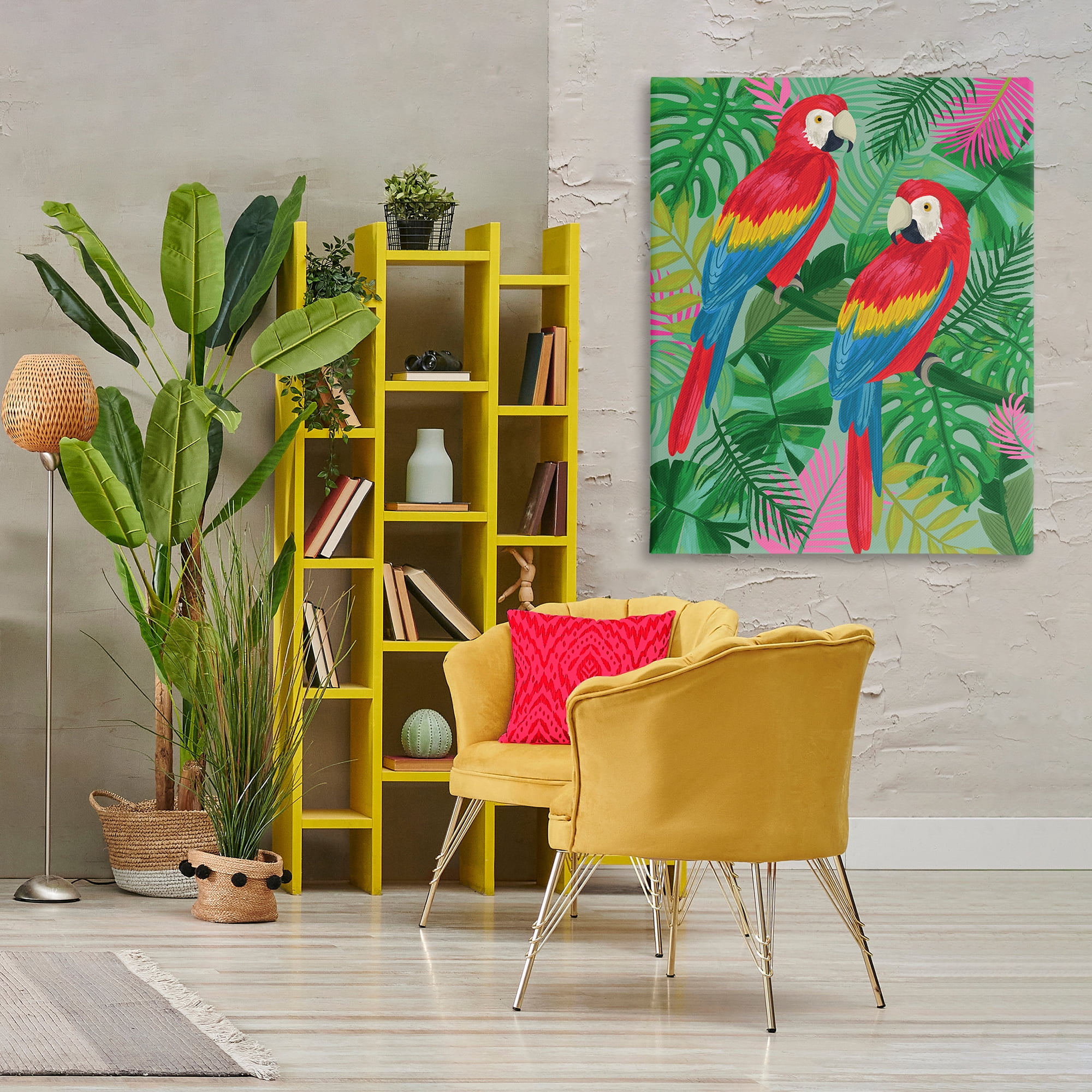 Stupell Industries Pink Paradise Parrots Animals Painting Wrapped Canvas Art Print Wall Art, 36 x 48