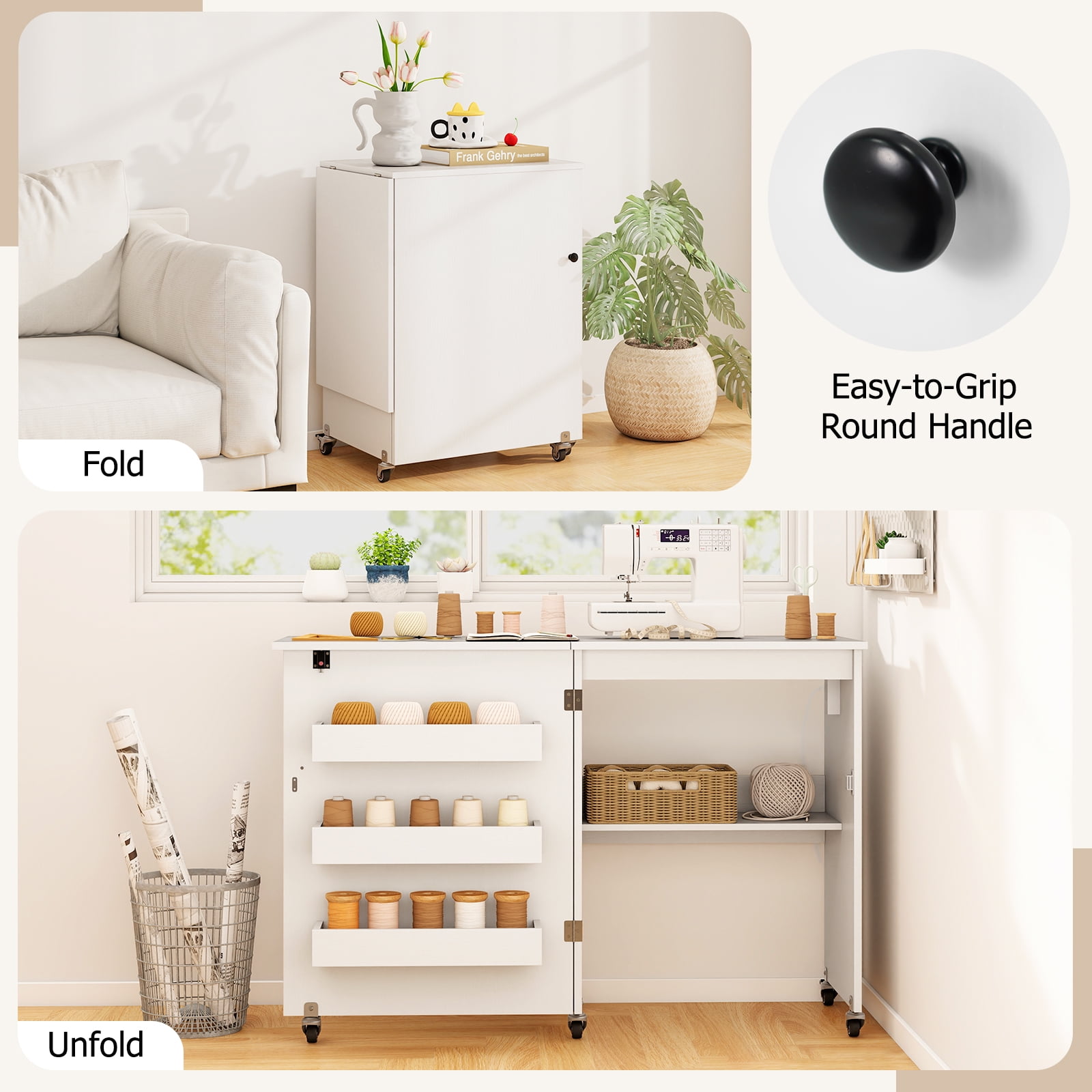 Topbuy Sewing Machine Table with Charging Station Folding Sewing Cabinet w/Lockable Casters White