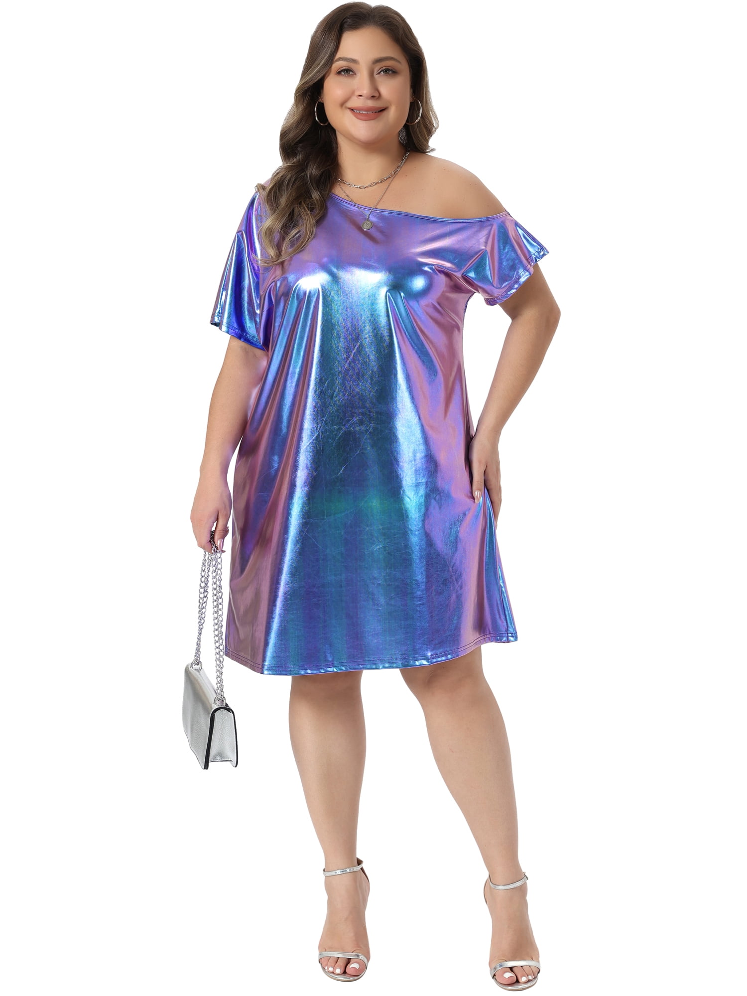DARING DIVA Women's Plus Metallic Off the Shoulder Party Clubwear 4X Purple