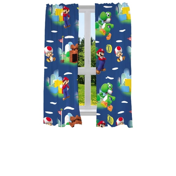 Franco Kids Blue Super Mario Rod Pocket Light Filtering Curtains, 41" x 63" (2 Panels)