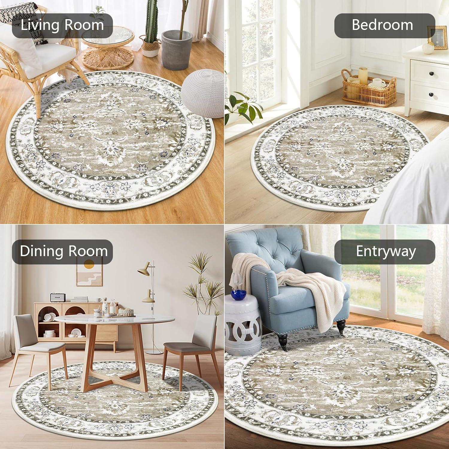 MJIAexp 4ft Mandala Boho Round Rug Circle Rug Non-Slip Machine Washable Area Rug Soft Bedroom Rug Throw Rug Vintage Carpet for Living Room Kitchen Dorm Coffee Table Distressed Brown