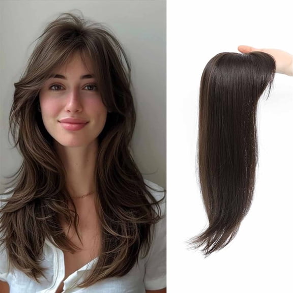 Hair Topper with Bangs for Women, 3D 360° Coverage Clip In Hair Piece, Natural Looking Fluffy Synthetic Topper for Thinning Hair and Daily Volume Enhancement(Brown,One Size)