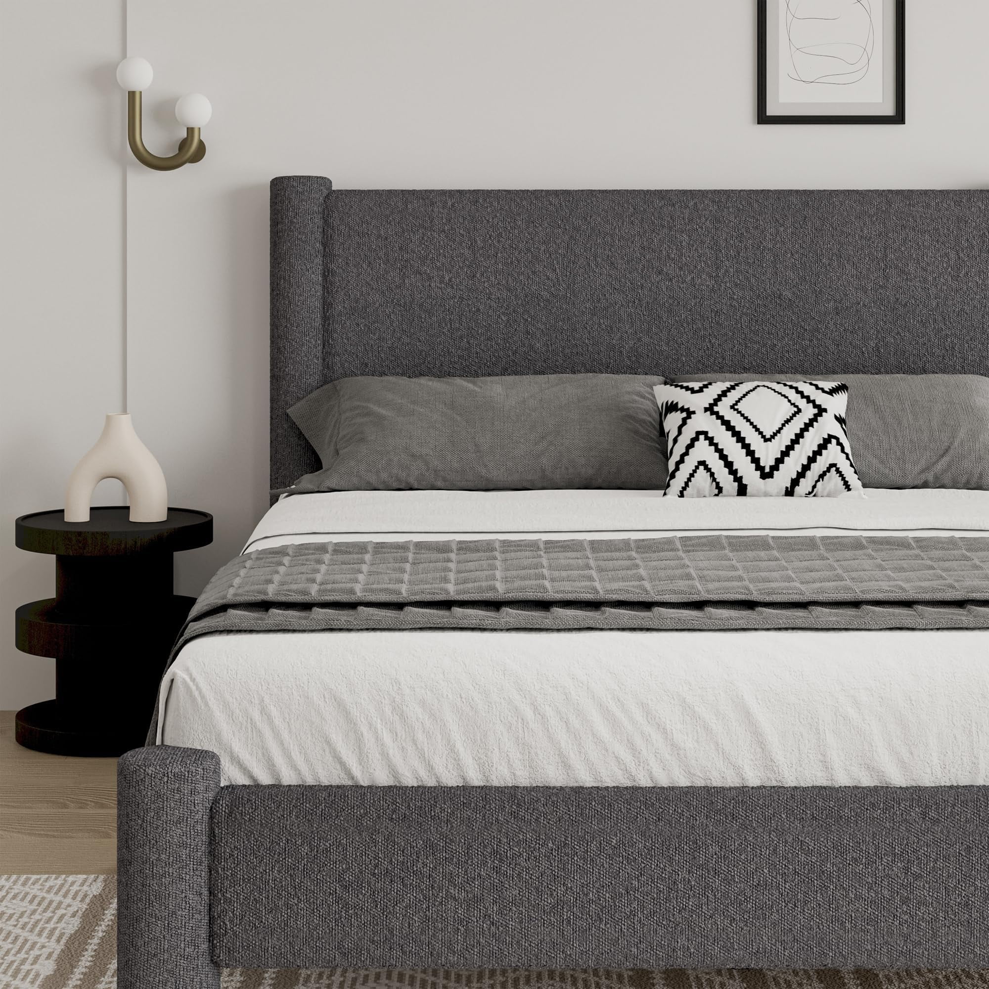 4 EVER WINNER Queen Bed Frame, Queen Size Bed Frame, Upholstered Queen Bed with Rounded Legs, Boucle Bed Frame with Headborad, Dark Grey