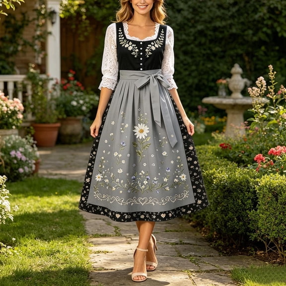 Wovilon Women's Dress, A-Line Sleeveless with Waist Tie and Floral Print, Dirndl Style for Oktoberfest Festival