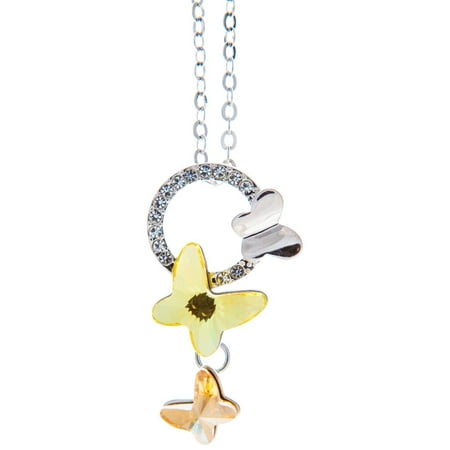 Rhodium Plated Necklace with Yellow Fluttering Butterflies Design with a 16 Extendable Chain and High Quality Crystals by Matashi