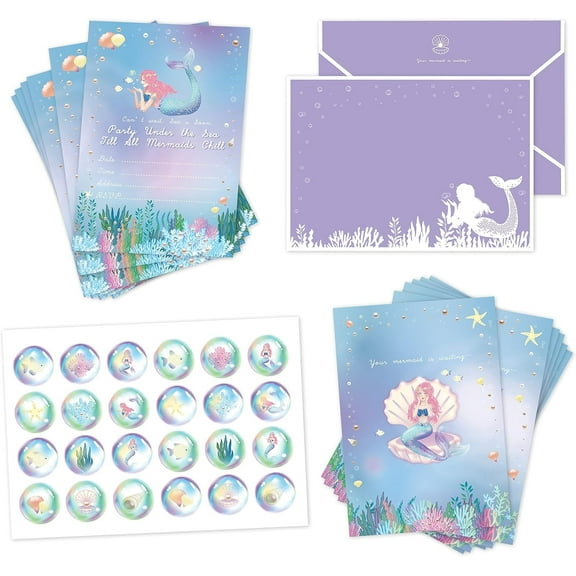 Cheerland Mermaid Party Invitation Set, 12 Sets, Under the Sea Theme, Purple