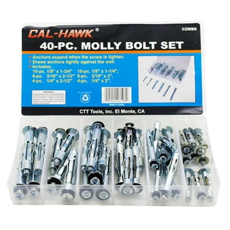 Locking Steel Bolts - Cal-Hawk #CZMBS 40pc Molly Bolt Set, Zinc plated steel collapsing anchors and attachment screws By Cal Hawk Tools