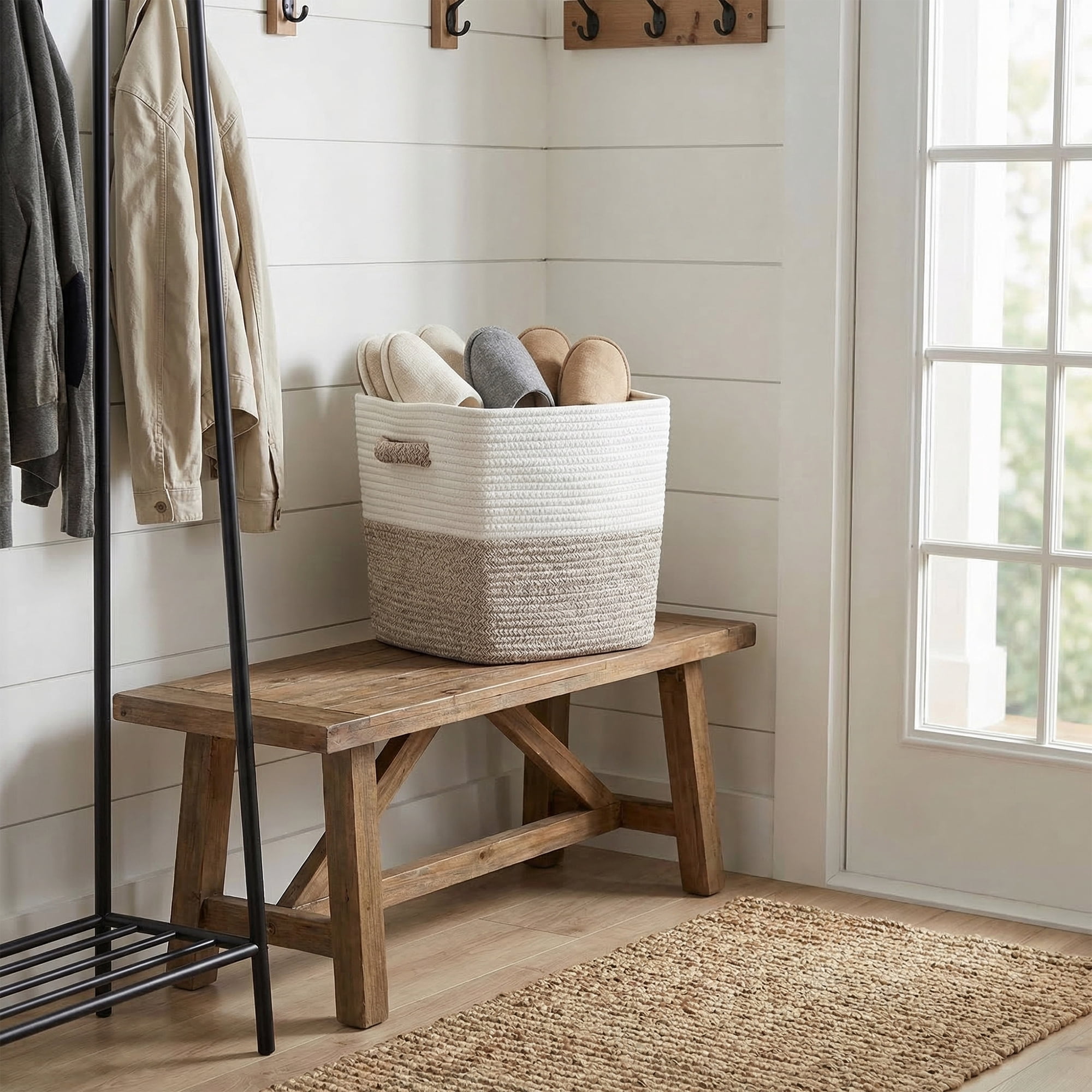 Unique Bargains Woven Storage Basket Shelf Closet White Coffee 11*11*11in