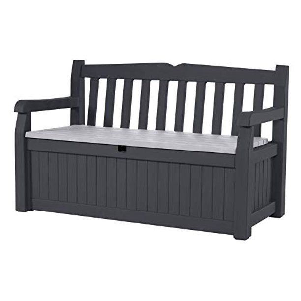 Keter Eden 70 Gallon Storage Bench Deck Box For Patio Furniture Front Porch Decor And Outdoor Seating Perfect To Garden Tools Pool Toys Grey Com Keter Eden 70 Gallon Storage Bench Deck, Outdoor Porch Bench With Storage