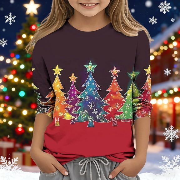 BaoFuBaoMei Graphic Tees for Boys Girls Christmas Christmas Tree Long Sleeve Pullover Shirt Slim Crew Neck Fall Clothes for Christmas Dinner Vacation Holiday
