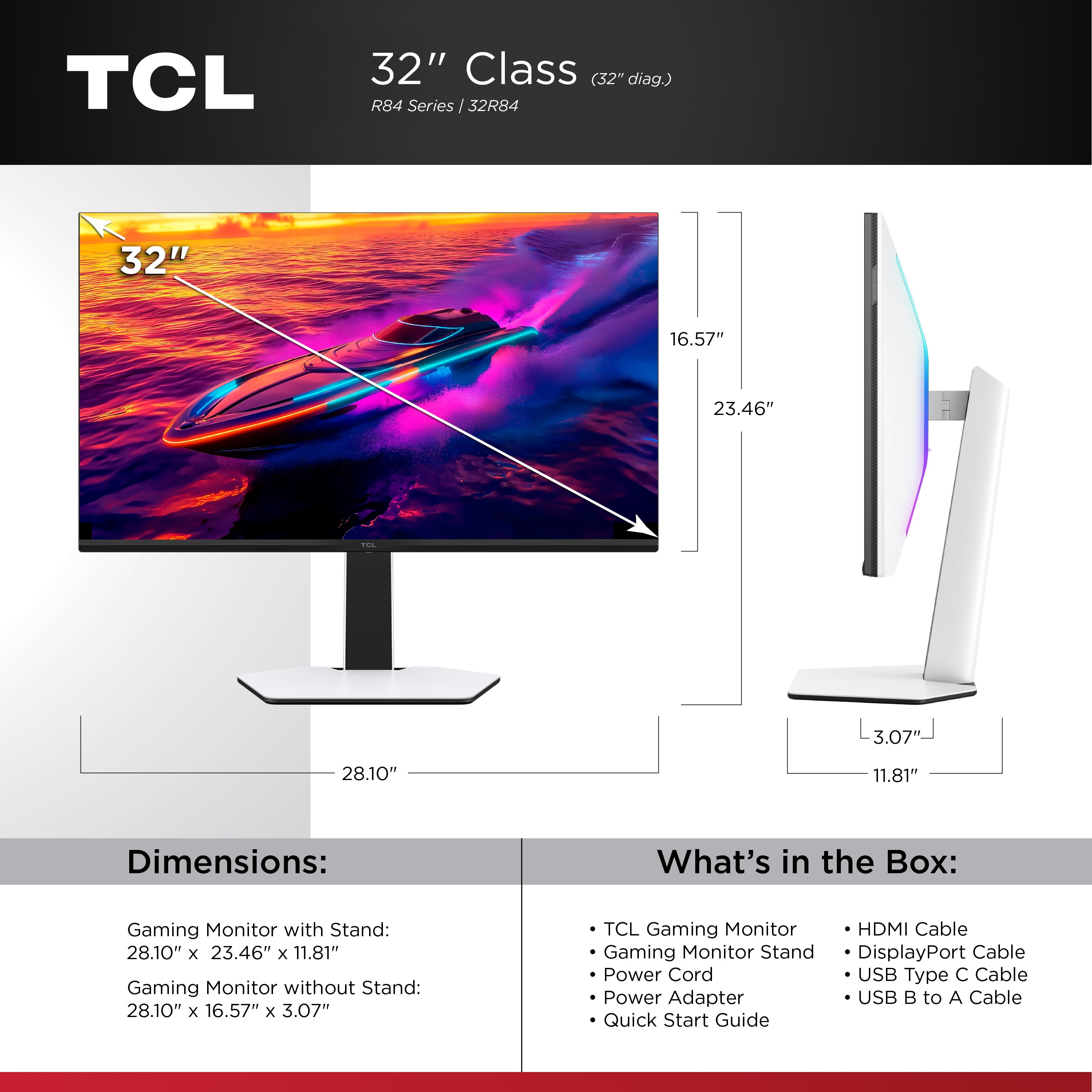 TCL 32” R84 Series 4K UHD HDR QD-Mini LED Gaming Monitor, 165Hz