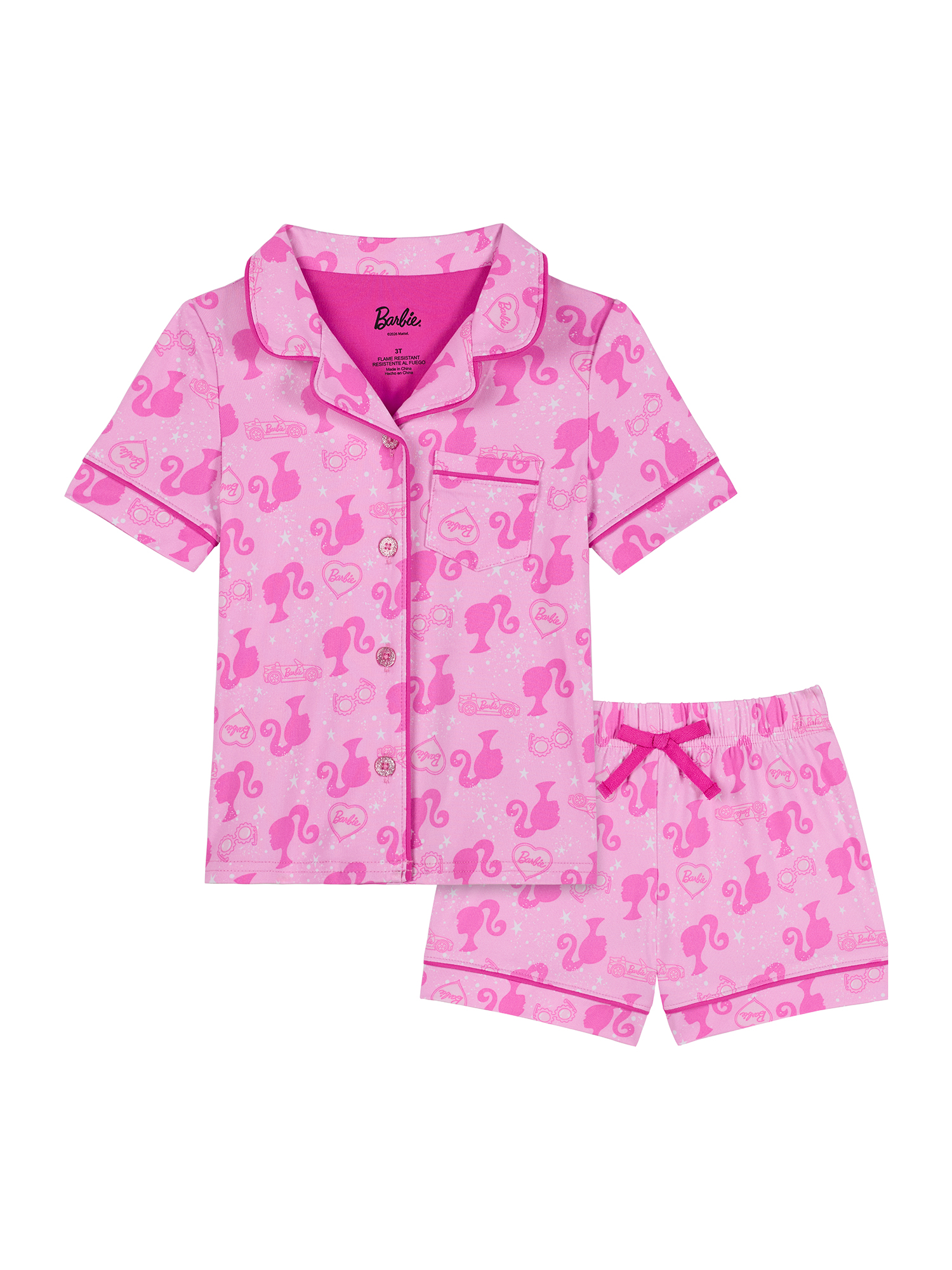 Barbie Toddler Girls Short Sleeve Button Front Top and Sleep Shorts, 2-Piece, Sizes 2T-5T