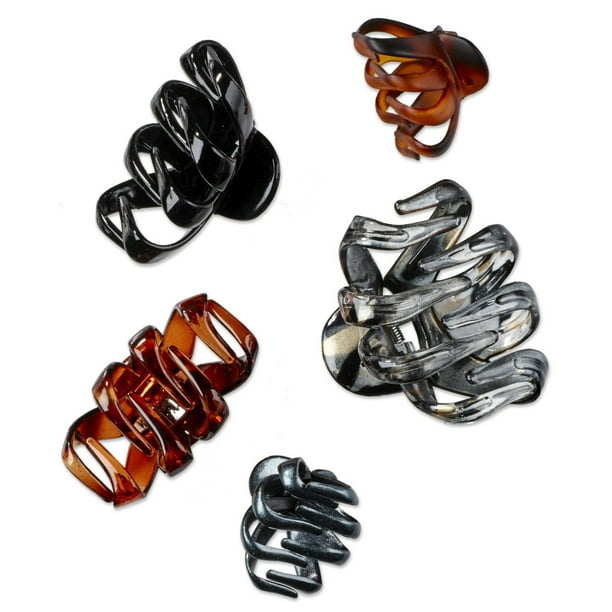 Scunci Multi-Size Claw Clips for Hair in Small, Medium, and Large in Black, Tortoise Shell, and Grey Plastic, 5ct Scunci Multi-Size Claw Clips for Hair in Small, Medium, and Large in Black, Tortoise Shell, and Grey Plastic, 5ct