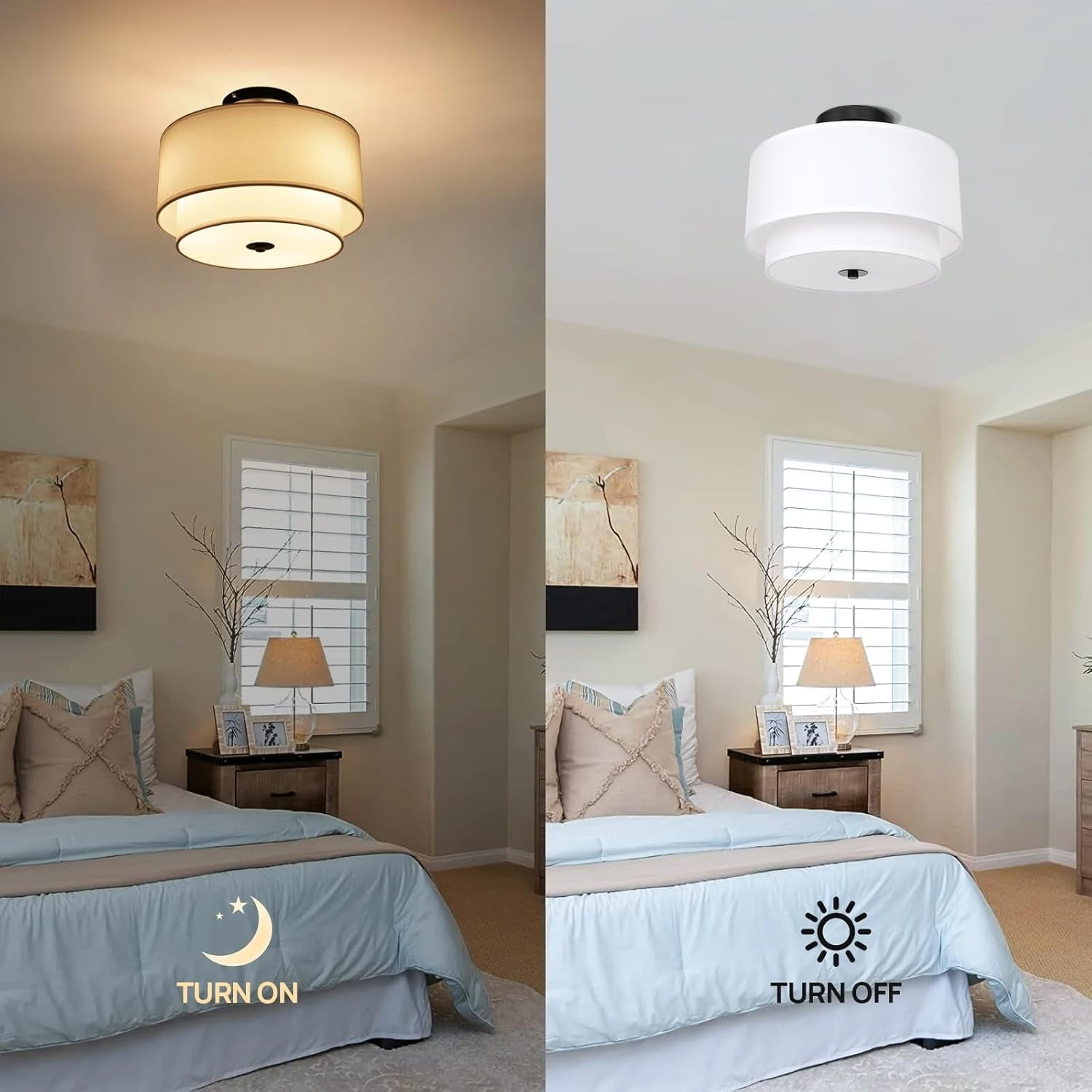 FRIDEKO HOME 3-Light Semi Flush Mount Ceiling Light Fixture, 12.6inch Modern Ceiling Light with 2-Layer White Drum Fabric Shade for Bedroom,Living Room,Kitchen,Hallway(Without Bulb)