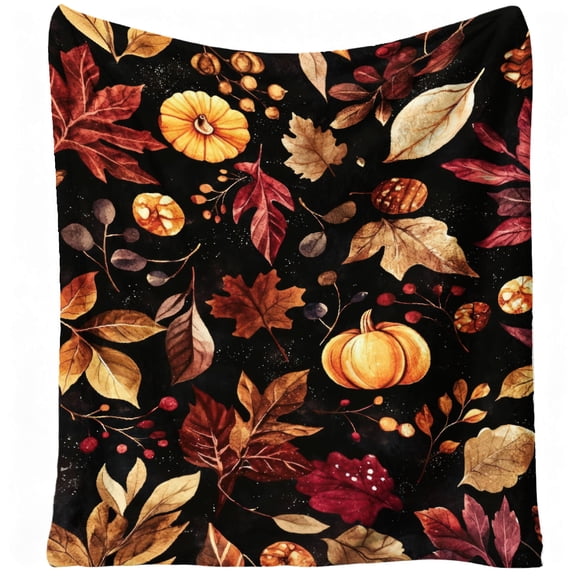 1pc Pumpkin Leaves, Flannel Blanket Soft, Warm, Watercolor Print, for Living Room, Bed Room, Sofa, All-Season, Halloween, christmas, Home Decor, Fall