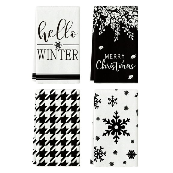 Sm:)e Black Buffalo Plaid Snowflake Merry Christmas Kitchen Towels Dish Towels, 18x26 Inch Stripes Leaves Winter Decoration Hand Towels Set of 4