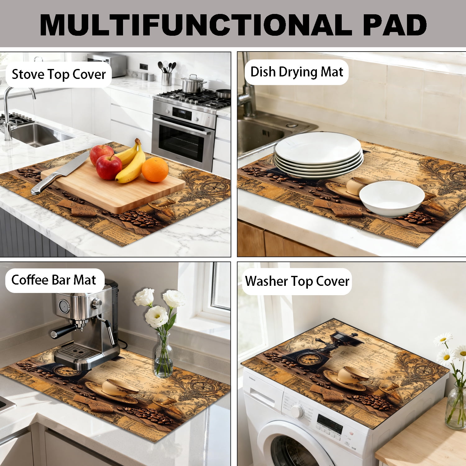 Stove Top Cover for Electric Stove, 28.5" x 20.5" Heat Resistant Glass Cooktop Cover Mat, Multi-Purpose Countertop Protector for Stove & Washer Top, Vintage Coffee Theme