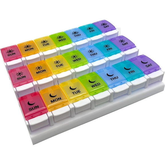 Ezy Dose Weekly (7-Day) Pill Organizer with Push Button Compartments & Rainbow Lids, 3 Times a Day