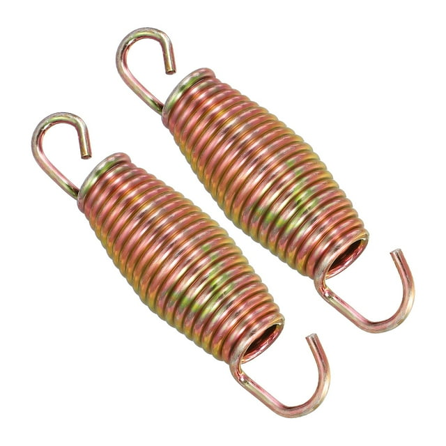 Uxcell Trampolines Springs , 2 Pcs en Acier au Carbone, Mesurant 3,5 Pouces de Longueur. Ces Accessoires de Remplacement Robustes Offrent une Finition Résistante à la Corrosion et Sont Conçus pour les Rebondisseurs D\'entraînement Physique, les Trampolines d'Extérieur et Autres Dispositifs Mécaniques. l'Image Montre Deux Ressorts Hélicoïdaux avec des Extrémités Semi-Circulaires et Circulaires Excentriques pour une installation Facile.