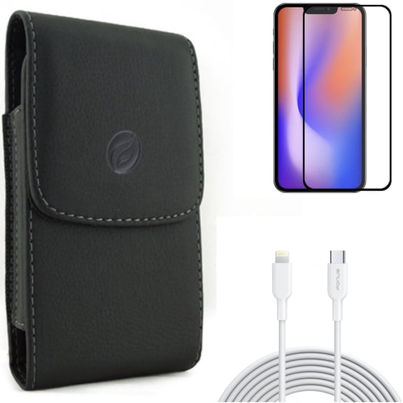 Case Belt Clip & Screen Protector & 6ft PD Cable for iPhone 13/Pro ONLY - Leather Holster Cover   Anti-Glare Tempered Glass Matte   USB-C Fast Charger Long Combo