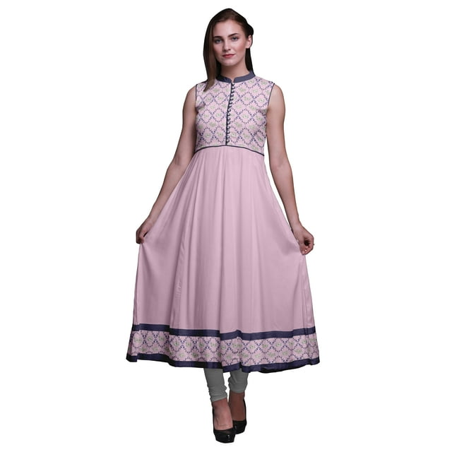Bimba Kurti Longue Indienne Rose Cochon Damassé pour Femmes Tenue de Fête Imprimée Sans Manches Robe Anarkali Kurti Moyen