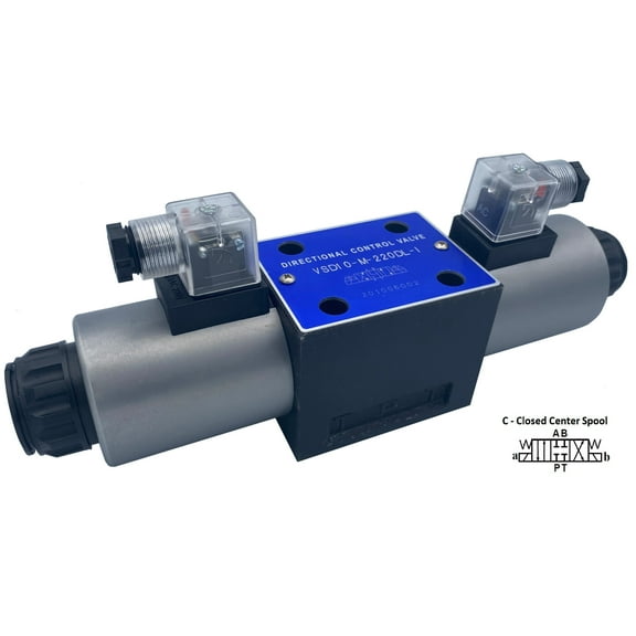 Hydraulic Electric Solenoid Valve D05 (NG10) DIN Connector 31 GPM 4560 psi AC or DC powered, VSD10 series (24VDC, C-Closed-All Ports Closed in Center Position)
