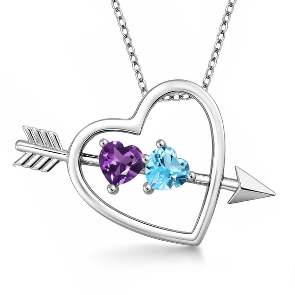 Gem Stone King 925 Sterling Silver Purple Amethyst and Swiss Blue Topaz Heart and Arrow Pendant Necklace for Women (0.96 Cttw, Gemstone Birthstone, with 18 inch Chain)