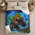 thumbnail image 5 of Adventurous Dinosaur Monster Truck Leaping, Dramatic Coastal Landscape Scene, Warm Flannel Blanket for Beach House and Living Room, Beach Lovers Valentine's Day Gift, Coastal Home Decor, 5 of 9