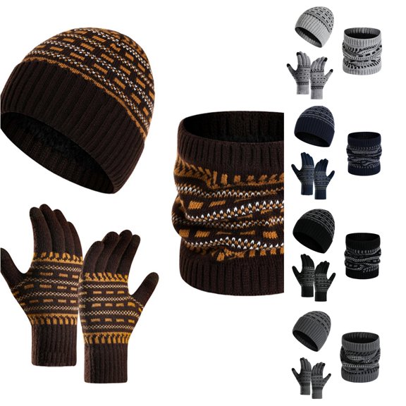 HNMKIU Men's Women's Winter Knitted Scarf And 3 Piece Set Warm Woolen Thick Outdoor Thermal Hat Neck Protector For Cold Weather Coffee - One Size