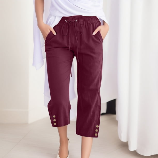 WILLBEST Pantalones Casuales para Mujer, con Botones, Pierna Ancha, Bolsillos, Ligeros, Cintura Alta, Ajustables, con Nudo, Corte Holgado. Mediana
