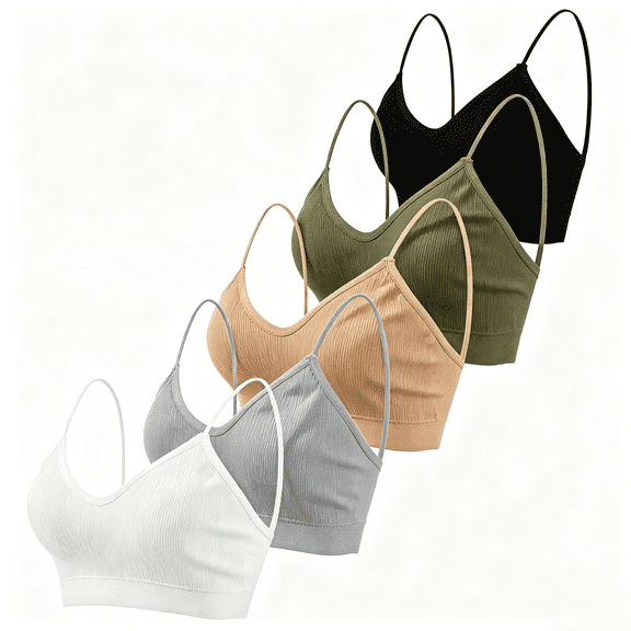 5 Pieces Cami Bras Women's V-Neck Padded Seamless Straps Bralette Everyday Basic Sleeping Bra with Removable Pads for Women Girls - L