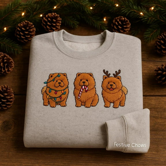Festive Chows Christmas Sweatshirt, Embroidered Chow Chow Dog Crewneck, Cozy Holiday Gift for Dog Lovers
