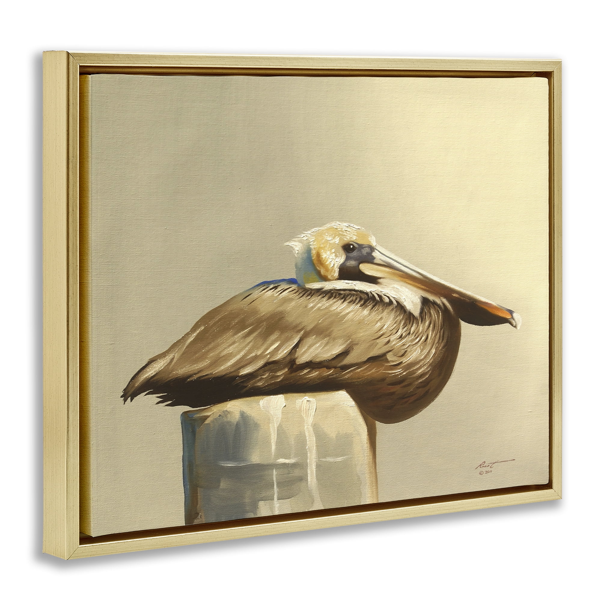 Stupell Industries Pelican Resting on Dock Animals & Insects Painting Gold Floater Framed Canvas Art Print Wall Art, 31 x 25