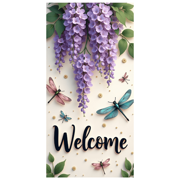 Floral Design Banner Welcome Sign Dragonfly Pattern Nature for Home Decoration Garden Party Event Decor