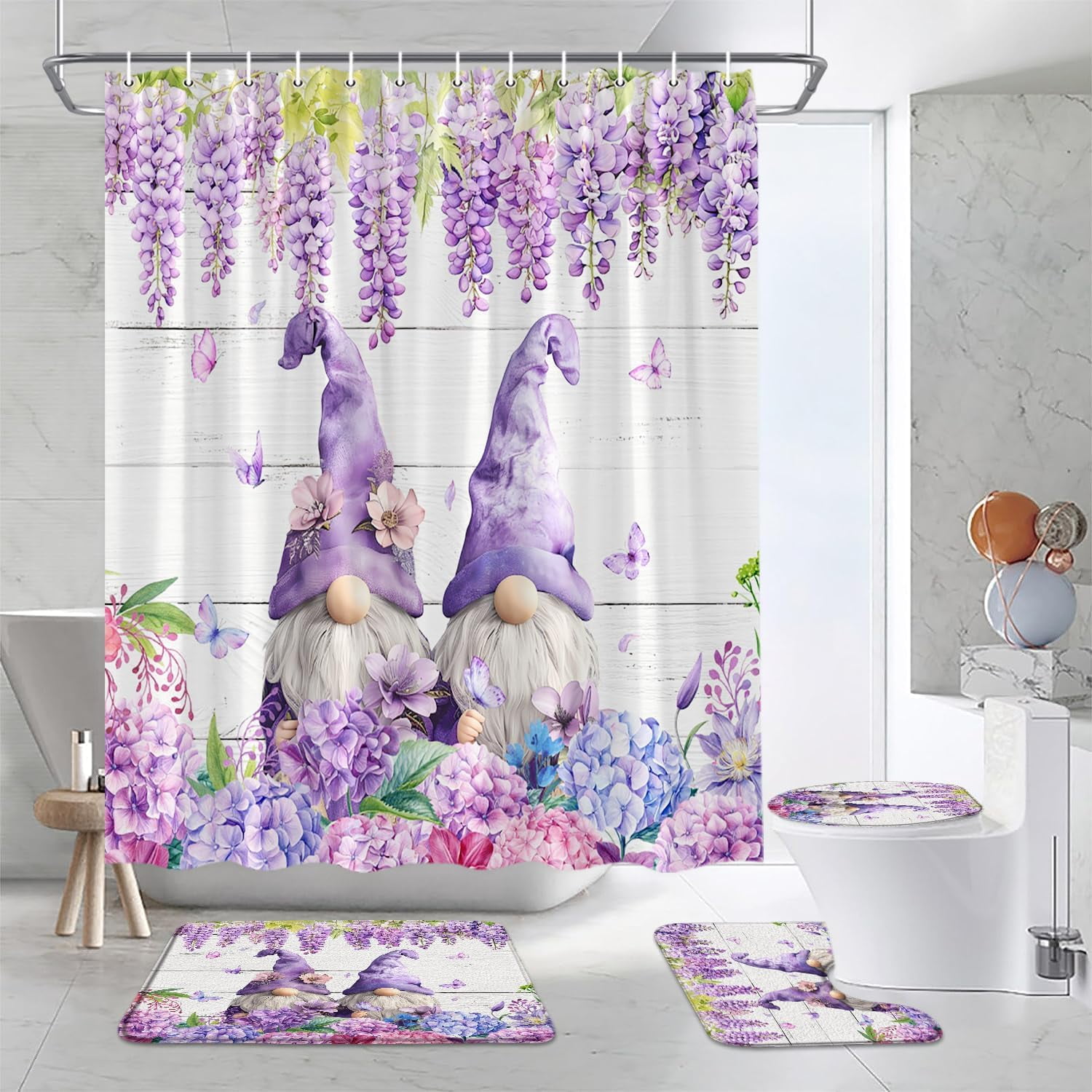 4 Pcs Shower Curtain Set for Bathroom Lavender Gnome Watercolor Purple Floral Butterfly Rustic Wooden Board Spring Nature Plant Fabric Shower Curtains Toilet Lid Cover and Bath Mat Bathroom Decor