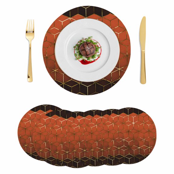Orange Geometric Round 15 Inch Placemats Set of 6, Ombre Modern Abstract Art HeatResistant Non Slip Place Mats for Dining Table, Wipeable Braided Kitchen Table Mats for Housewarming