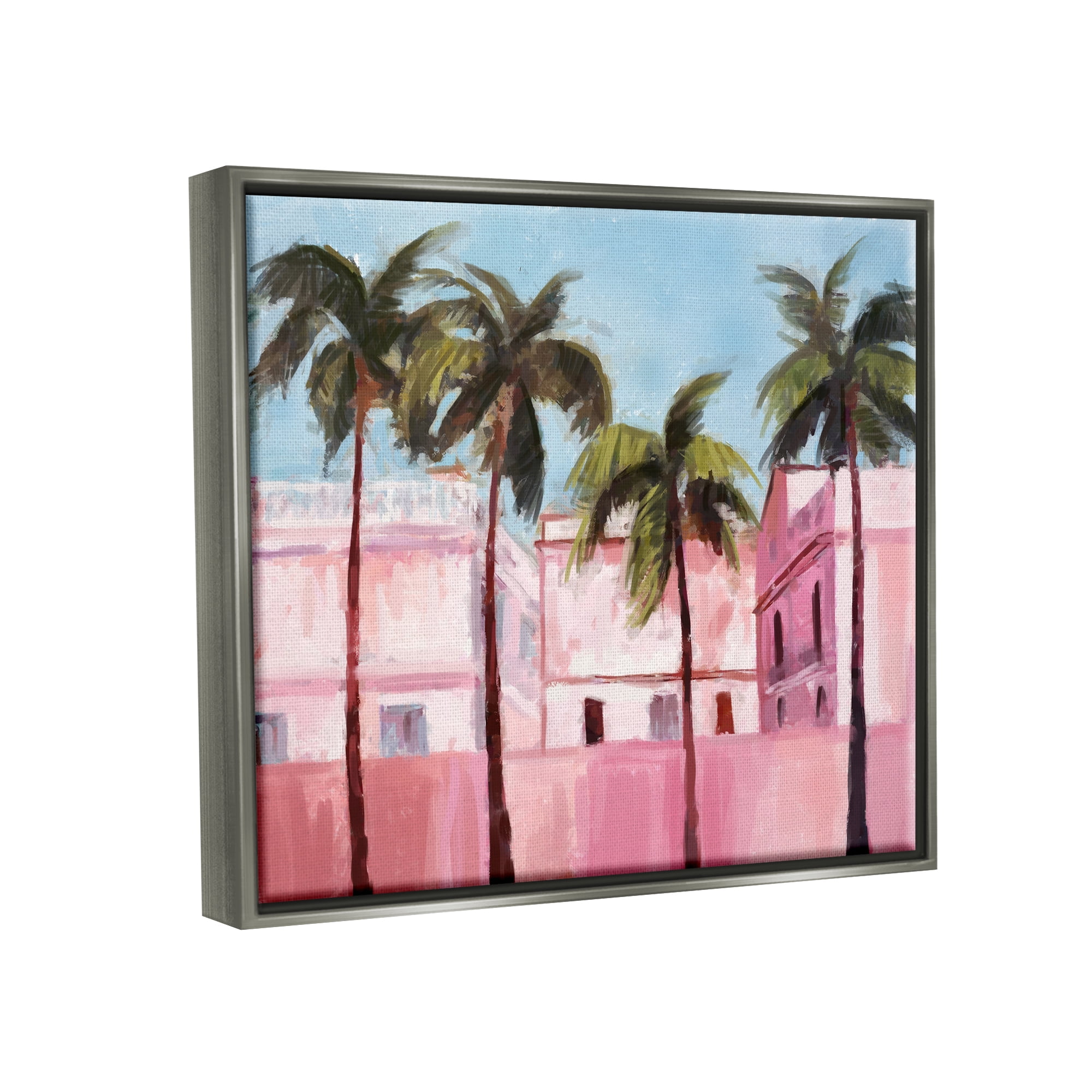 Stupell Industries Tropical Pink Buildings Botanical & Floral Painting Gray Floater Framed Canvas Art Print Wall Art, 21 x 17