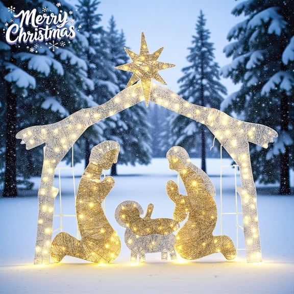 6ft Lighted Nativity Scene with 190 LED Warm White Lights – Silver Roof Garden Jesus Decoration, for Outdoor Christmas Decor