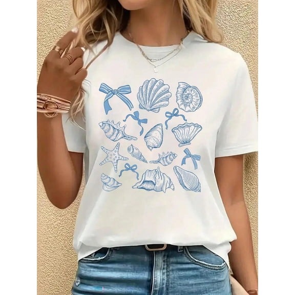 Seashell Preppy Blue Coquette Bow Beach Coastal Sea Shell T-Shirt, Casual Crew Neck Short Sleeved Summer Top