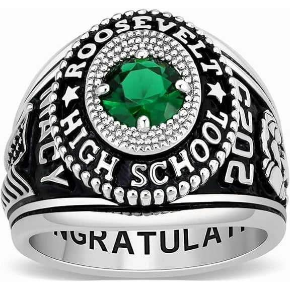 Custom Class Rings Fully Personalized Class Rings for Men Cubic Zirconia Birthstone Sterling Silver Rings Class Rings for Men High School Size 5-15 Men's High School Class Rings